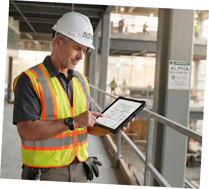 Alpha Builders project manager reviewing plans on a remodeling